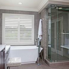 Contemporary White Bathtub and Glass Shower in Transitional Master Bathroom