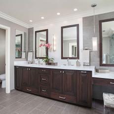 Elegant Transitional Double Bathroom Vanity With Rich Wood Cabinet Finish and White Countertop 