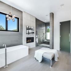 Gray Modern Bathroom With Fireplace
