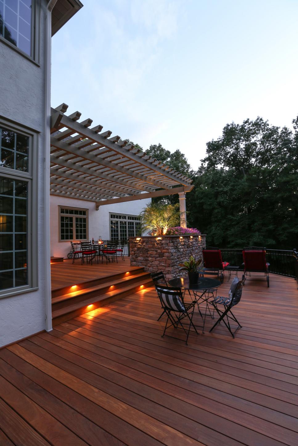 Wood Deck with Recessed Lights in Steps and Pergola | HGTV