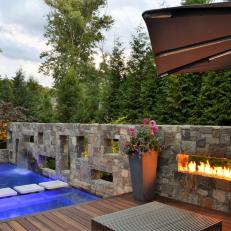 Custom, Tropical Pool With Fireplace Inlay