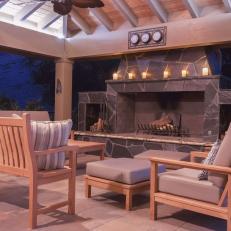 Outdoor Living Room with Fireplace and Seating
