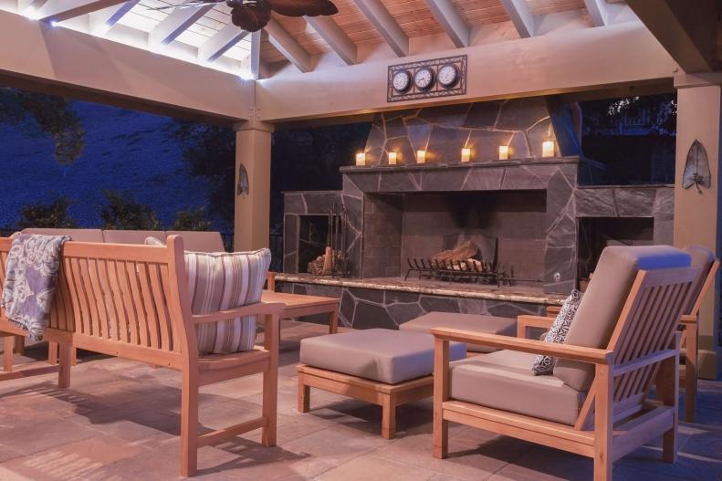 Outdoor Living Room with Fireplace and Seating