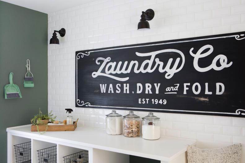 Black and White Laundry Room with Glass Jars for Storage