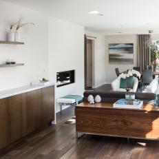 Neutral Contemporary Living Room With Wood Cabinet