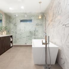 Modern White Bathroom With Rectangular Stand Alone Tub