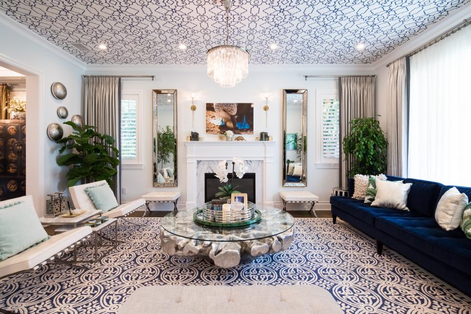 Trend - Blue + White Color Palette: Glamorous Living Room With Bold Blue and White Wallpaper