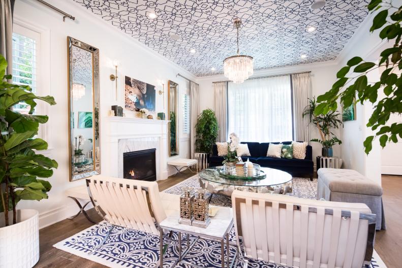 Eclectic Living Room With Wallpapered Ceiling