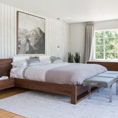 Modern Master Bedroom With Wooden Bed Frame and Floating Nightstand