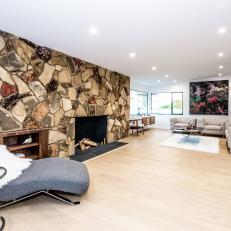 Midcentury Living Room With Stone Wall