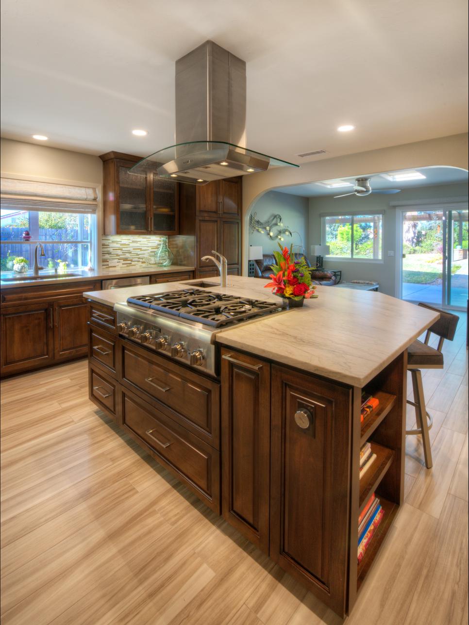 Contemporary Kitchen Island With Wooden Cabinets and Built ...