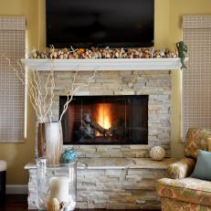 Fireplace Design Enhances Living Room's Beachy Feel