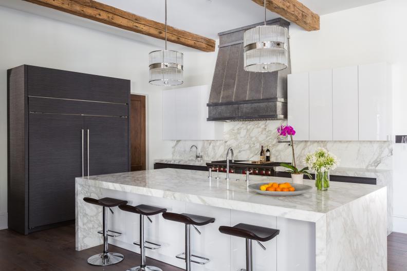 Marble Waterfall Countertop Kitchen Island With Barstools