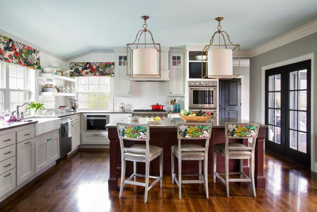 Dynamic Colorful Fabric By Schumacher in Vibrant Island Kitchen