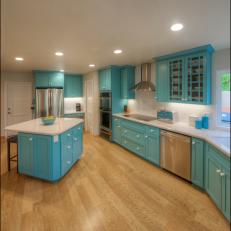 Blue Open Plan Kitchen With Small Island
