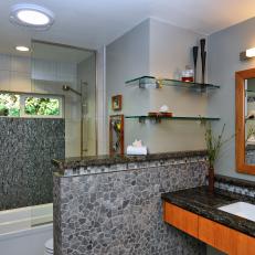 Gray Bathroom With Stone Half Wall