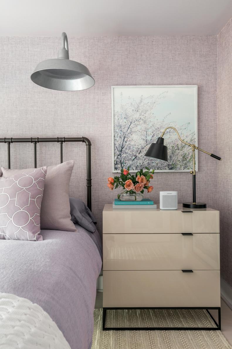 White Nightstand by Purple Bed
