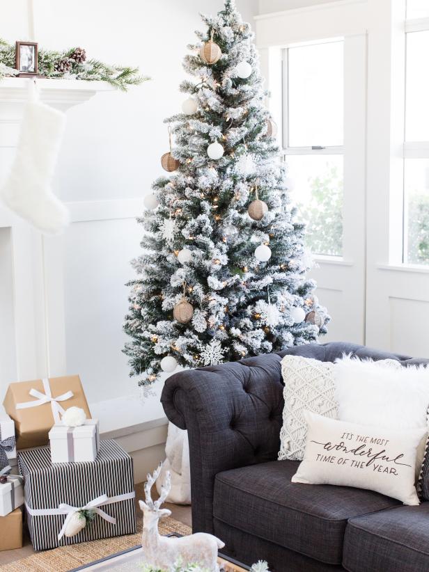 White tree in the corner for a coastal feel - without blues!  Simply white and burlap for a clean and crisp feel.