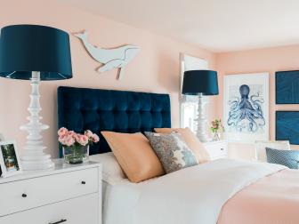 Pink Transitional Bedroom With Blue Bed
