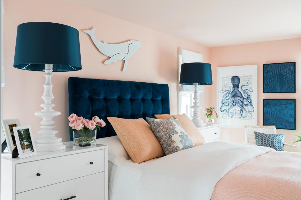 Pink Transitional Bedroom With Blue Bed