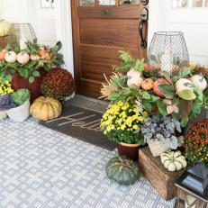 Fall Front Porch With Mums and Candle Lanterns