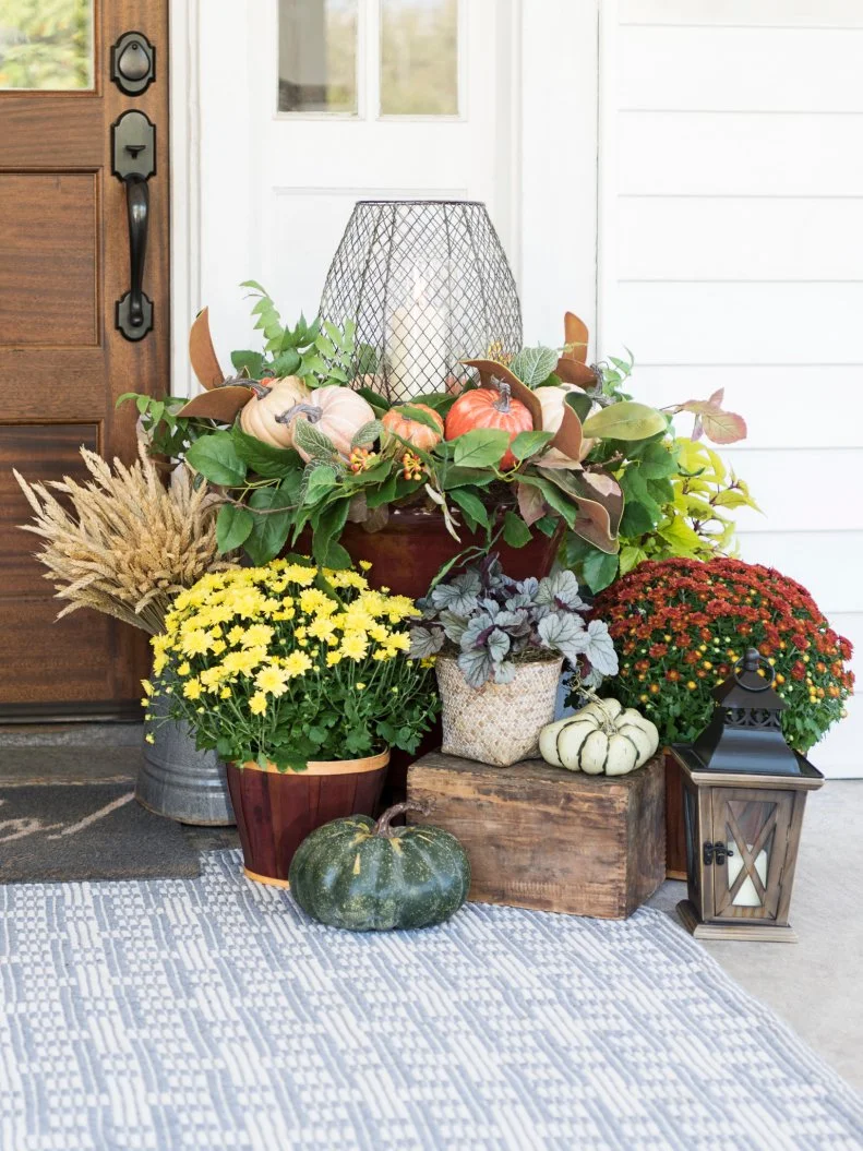 Fall Front Porch With Mums and Candle Lanterns