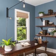 Contemporary Blue-Gray Home Office with Brown Desk
