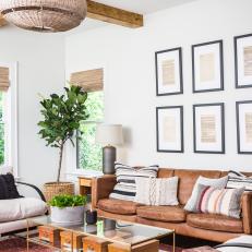 Contemporary Neutral Living Room with Brown Wood Beams 
