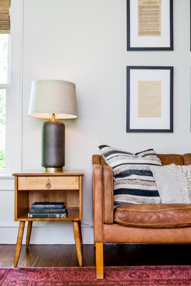  Neutral Living Room with Custom Brown, Wooden End Tables 