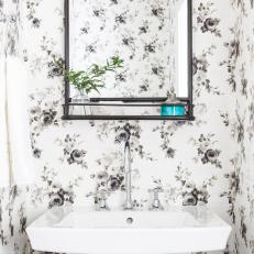 Contemporary Black and White Powder Room with Graphic Wallpaper 