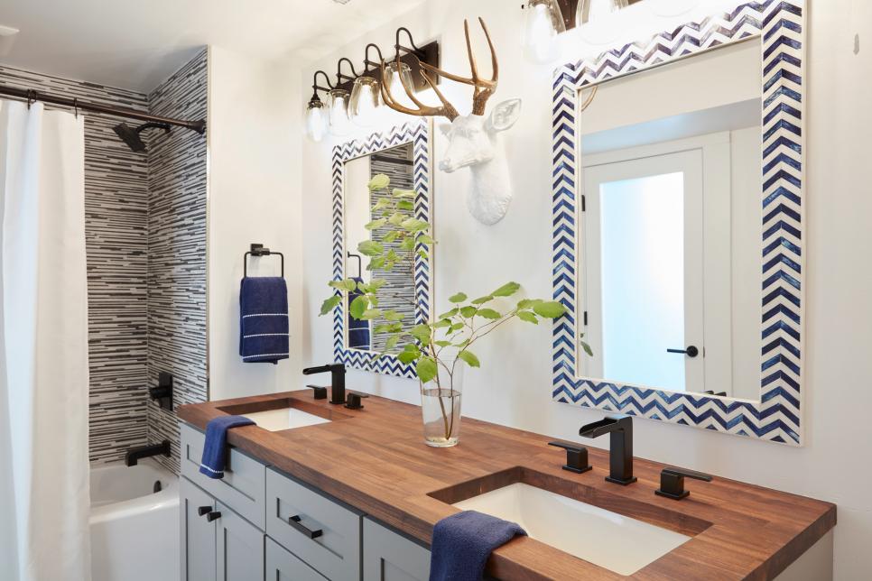 Bathroom With Striped Mirrors