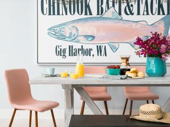 Coastal Dining Room With Pink Chairs