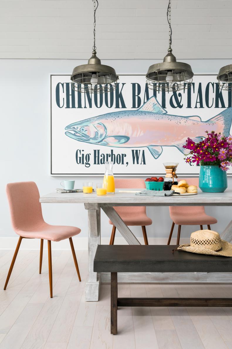 Coastal Dining Room With Pink Chairs