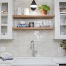 Contemporary White Kitchen with  Wooden Open Shelves 