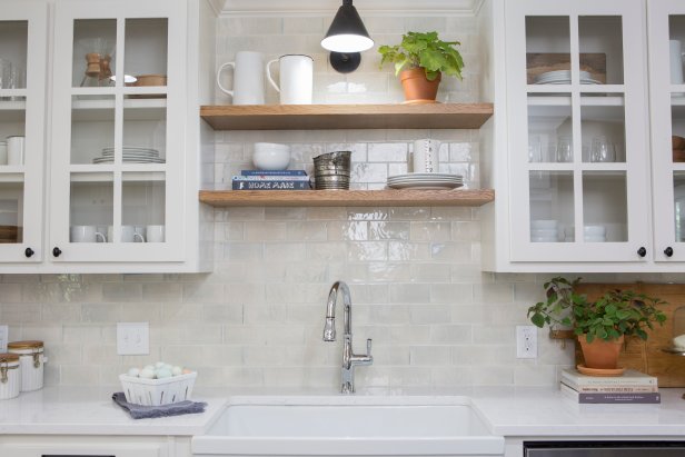 White Kitchen with Tan Wooden Open Shelves 