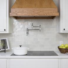 Contemporary White Kitchen with Gray Subway Tile Backsplash