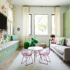 Green Midcentury Playroom With Pink Chairs