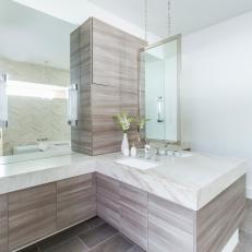 Gray Modern Master Bathroom With Hanging Mirror
