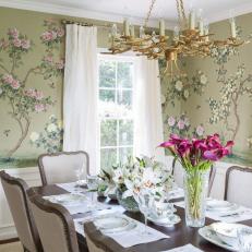 Green Traditional Dining Room With Floral Wallpaper