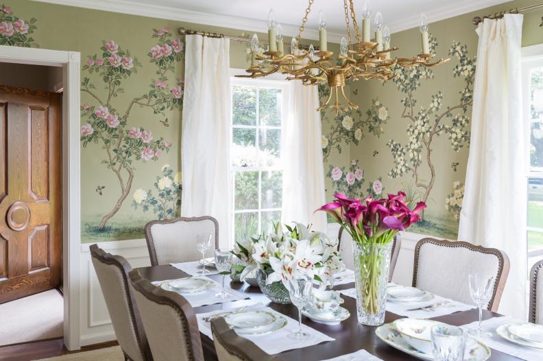 Green Dining Room With Floral Wallpaper