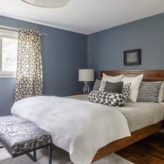 Blue-Gray Transitional Bedroom With Bench