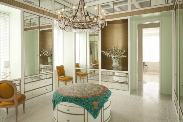 Luxury Mirrored Dressing Room and Elegant Closet with Chandelier