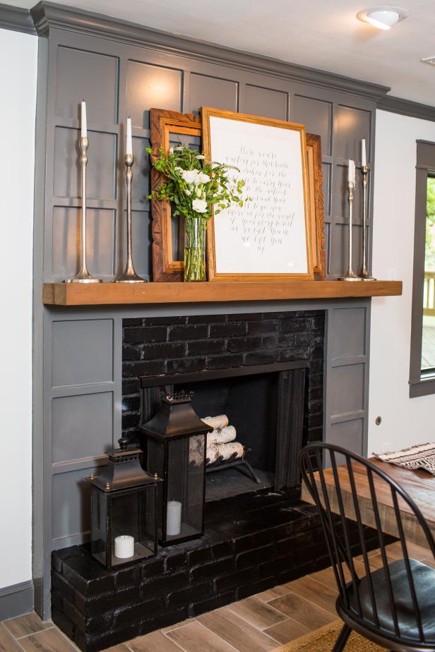 A close up of the fire place in the dining room of the newly renovated Jones home, as seen on Fixer Upper. (after)