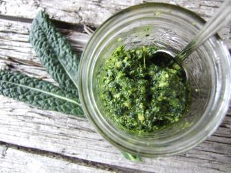 Kale Pesto In Jar With Tuscan Kale Leaves
