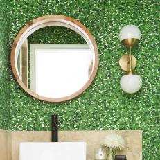 Powder Room With Green Leaf Wallpaper