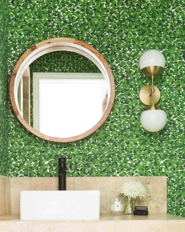 Powder Room With Leaf Wallpaper