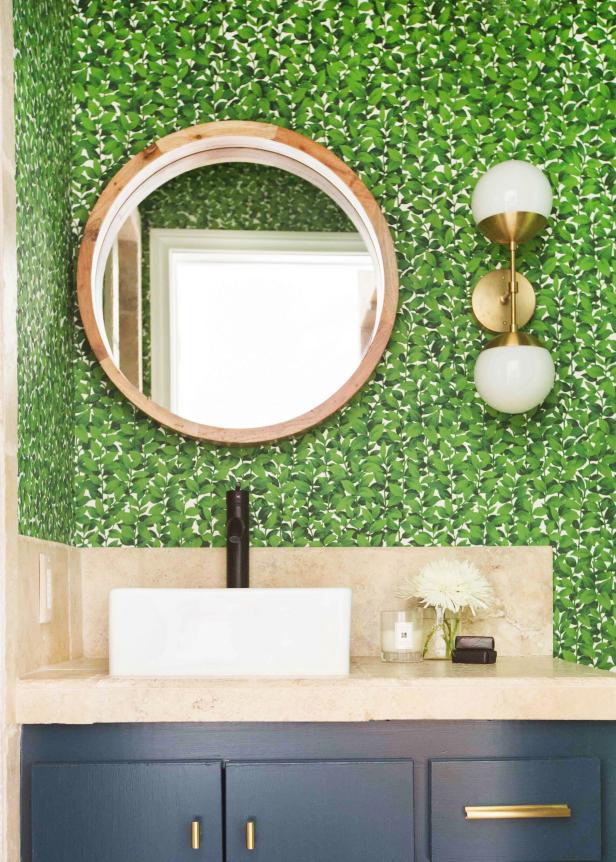 Powder Room With Leafy Wallpaper