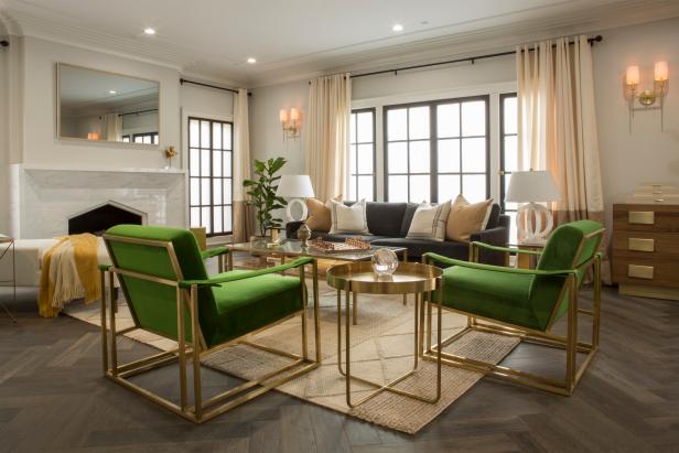 Neutral Art Deco Living Room With Green And Gold Armchairs Hgtv