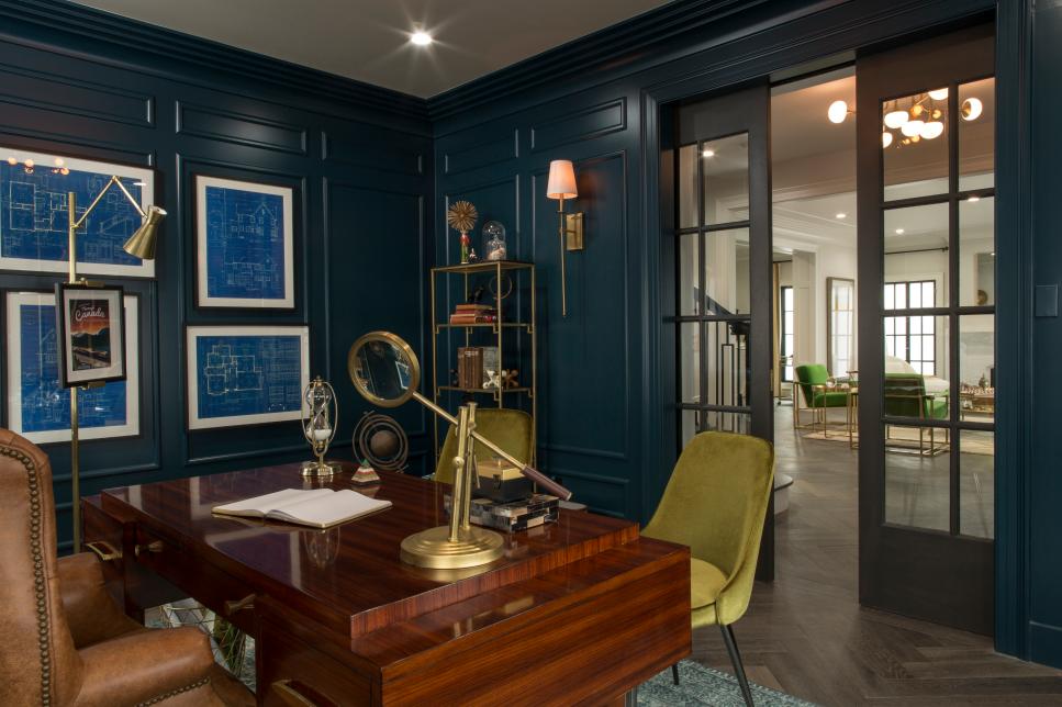 Modern Blue Home Office With Brown Pocket Doors Hgtv Idea of empty scandinavian room interior with plants on wooden floor. hgtv photo library