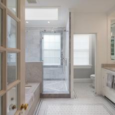 Gray Master Bathroom With Patterned Floor